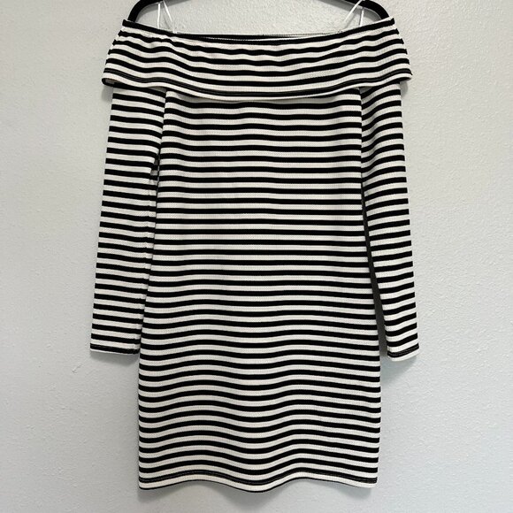 Trina Turk Striped Black/ White Off Shoulder Mini Dress - Picture 1 of 5
